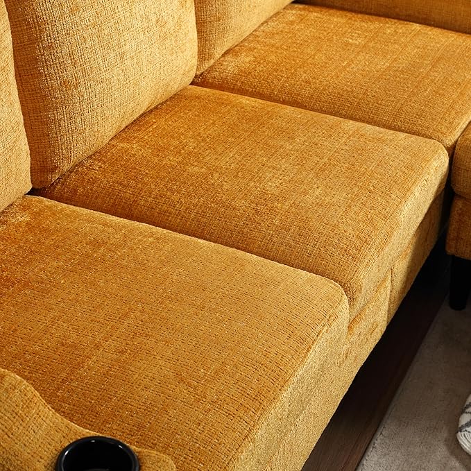 Convertible Sectional Sofa with Movable Storage Ottoman and Cupholders, 3 Seater L-Shaped Corner Couch,Chenille Upholstered Furniture w/Detachable Thicked Cushions for Living Room, Small Space - LeafyLoom