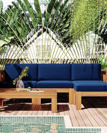 5-Piece Outdoor Patio Furniture Sectional Sets, Wooden L-shaped Corner Sofa Seating with Tea Table and Removable, Backyard Gardern Deck, Natural Finish+ Blue Cushions - LeafyLoom