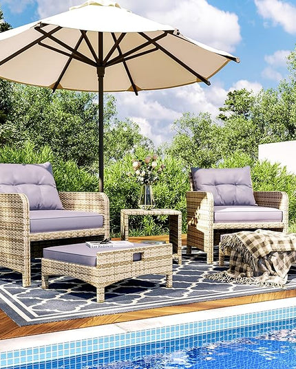 Pamapic 5 Pieces Outdoor Patio Wicker Chairs Set with Ottoman .Outside Conversation Furniture Set with Cushions and Coffee for Balcony Porch Lawn Garden Table (Purple Cushion + Grey Rattan) - LeafyLoom