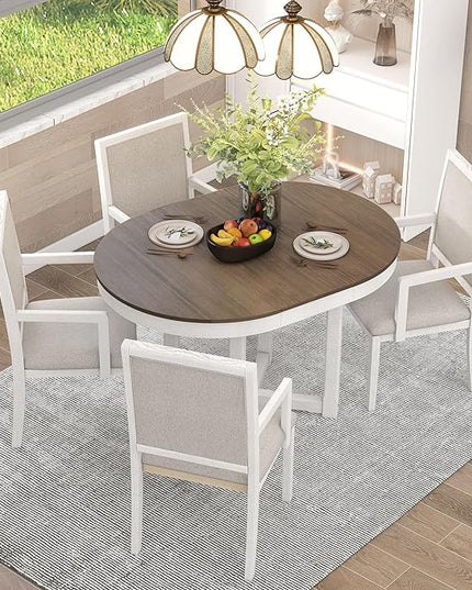 Farmhouse 5 Piece Dining Set, Included Round Extendable Wooden Table and 4 Upholstered Chairs, Retro Adjustable Dinette Furniture for Kitchen Living Room, Brown+White - LeafyLoom