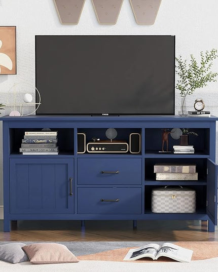 57 Inch TV Stand, Modern Television Stands with 2 Doors, 2 Drawers and Open Style Cabinet, Entertainment Center/Sideboard with Ample Storage Space for Living Room and bedroom, Navy - LeafyLoom