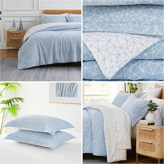 Southshore Fine Living, Inc. Full/Queen Comforter Set with 2 Pillow Shams, Reversible Geometric Print is 2 Colors in 1, Alternative Down Comforter Queen/Full, Cozy & Soft, Sky Blue & White - LeafyLoom