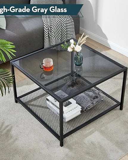SAYGOER Coffee Table with Storage Modern Glass Coffee Tables Square Industrial Simple Center Table for Living Room Home Office Small Space 27.6 x 27.6 x 17.7 Inches Easy Assembly Gray Black - LeafyLoom
