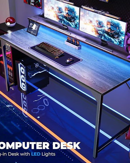 SUPERJARE 55 inch Computer Desk with LED Lights & Power Outlets, Gaming Desk with Monitor Shelf, Small Office Desk for Home & Office, Grey - LeafyLoom
