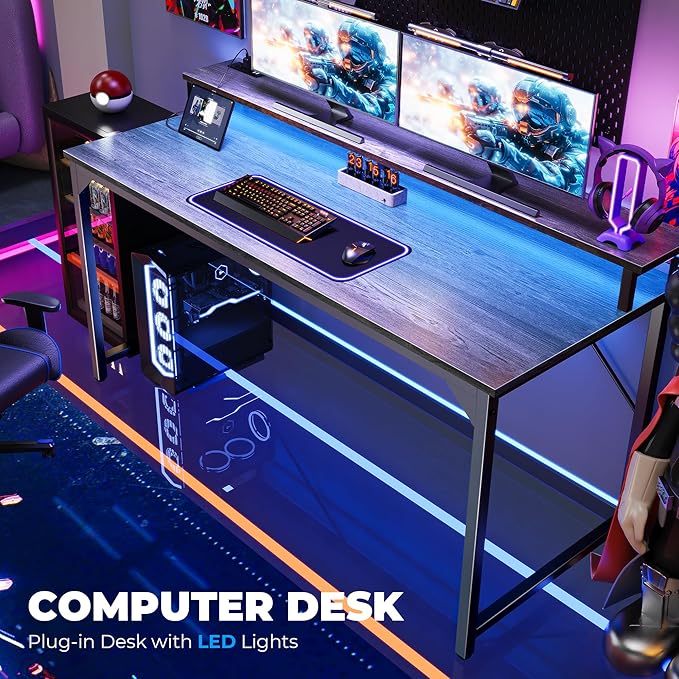 SUPERJARE 55 inch Computer Desk with LED Lights & Power Outlets, Gaming Desk with Monitor Shelf, Small Office Desk for Home & Office, Grey - LeafyLoom
