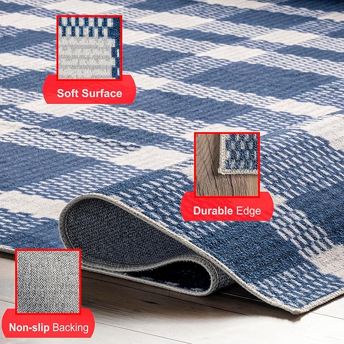 nuLOOM Rianne Machine Washable Plaid Farmhouse Ultra Thin Area Rug, 8' x 10', Blue - LeafyLoom