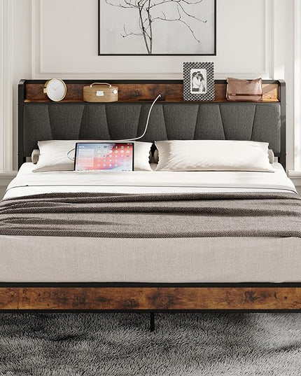 LIKIMIO Full Bed Frame, Storage Headboard with Charging Station, Solid and Stable, Noise Free, No Box Spring Needed, Easy Assembly - LeafyLoom