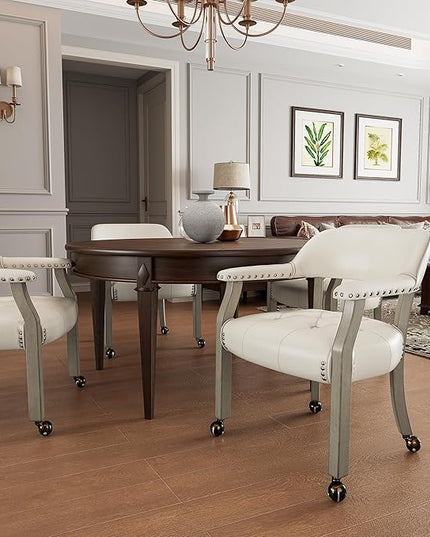 Large Dining Chairs with Casters and Arms, Rolling Dining Chairs with Wheels, Accent Game Poker Table Chairs, Solid Wood Office Chairs, 26“Dx25.2 Wx31.5“H, Grey Legs & Ivory PU SY-1318-WT - LeafyLoom