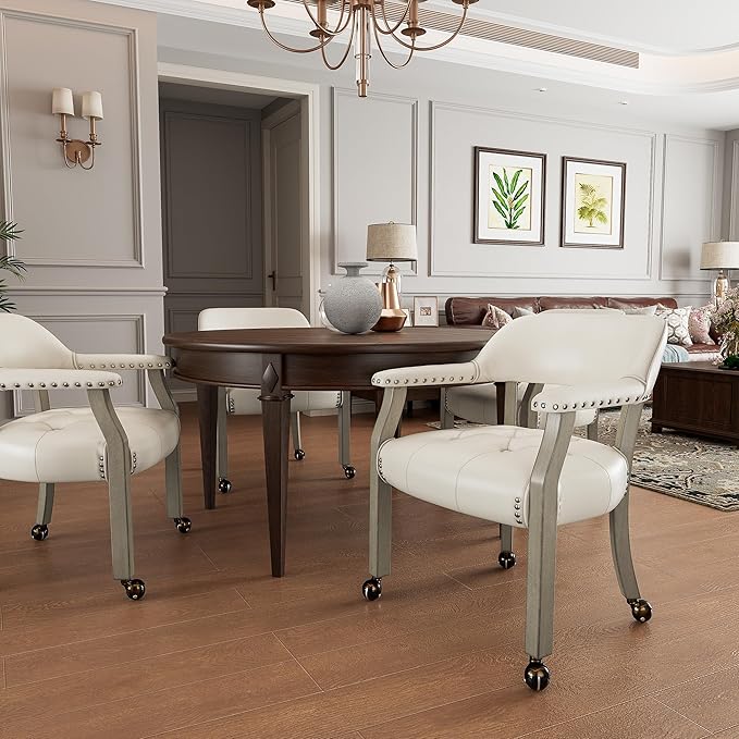 Large Dining Chairs with Casters and Arms, Rolling Dining Chairs with Wheels, Accent Game Poker Table Chairs, Solid Wood Office Chairs, 26“Dx25.2 Wx31.5“H, Grey Legs & Ivory PU SY-1318-WT - LeafyLoom
