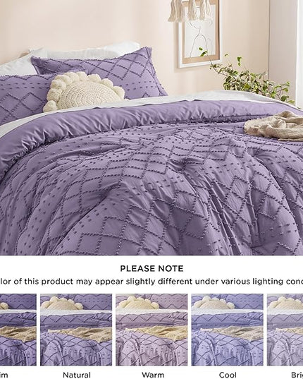Bedsure King Size Comforter Set - Grayish Purple Comforter, Boho Tufted Shabby Chic Bedding Comforter Set, 3 Pieces Farmhouse Bed Set for All Seasons, Fluffy Soft Bedding Set with 2 Pillow Shams - LeafyLoom