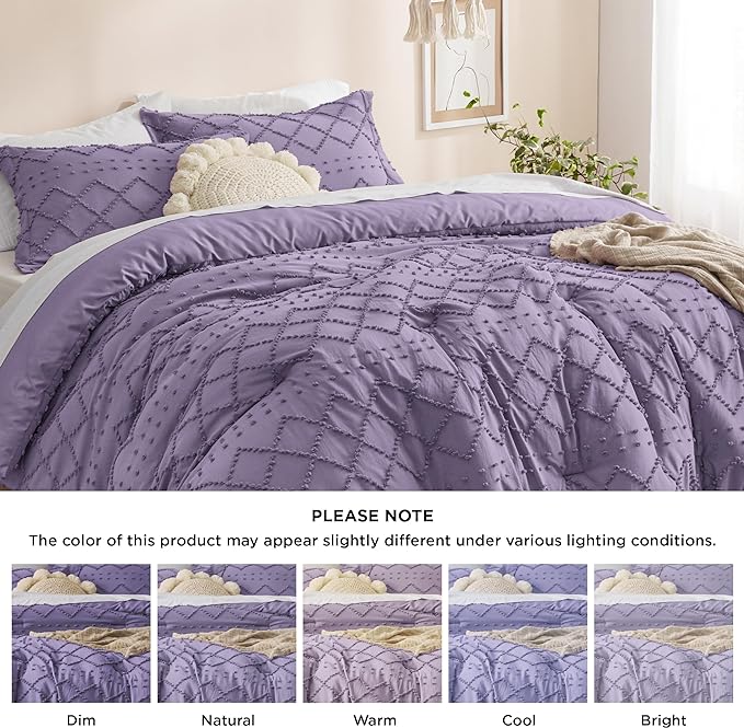 Bedsure Full Size Comforter Set - Grayish Purple Comforter, Boho Tufted Shabby Chic Bedding Comforter Set, 3 Pieces Farmhouse Bed Set for All Seasons, Fluffy Soft Bedding Set with 2 Pillow Shams - LeafyLoom