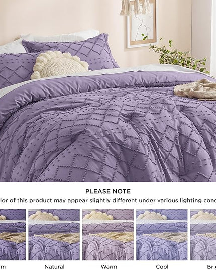 Bedsure Queen Comforter Set - Grayish Purple Comforter, Boho Tufted Shabby Chic Bedding Comforter Set, 3 Pieces Farmhouse Bed Set for All Seasons, Fluffy Soft Bedding Set with 2 Pillow Shams - LeafyLoom