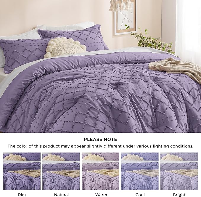 Bedsure Queen Comforter Set - Grayish Purple Comforter, Boho Tufted Shabby Chic Bedding Comforter Set, 3 Pieces Farmhouse Bed Set for All Seasons, Fluffy Soft Bedding Set with 2 Pillow Shams - LeafyLoom