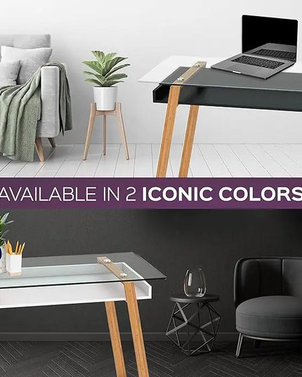 bonVIVO Massimo Small Desk - 43 Inch, Modern Computer Desk for Small Spaces, Living Room, Office and Bedroom - Study Table w/Glass Top and Shelf Space - White - LeafyLoom