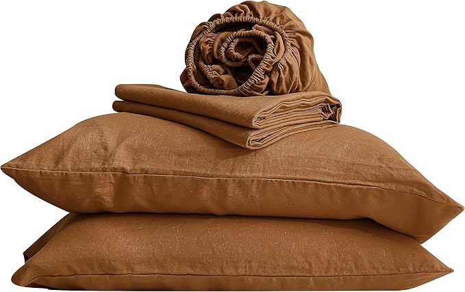 Simple&Opulence 100% Linen Sheet Set Solid Color-4 Pcs Washed French Linen Bed Sheets(1 Flat Sheet,1 Fitted Sheet,2 Pillowcases)-Breathable Bedding Set (Rust, King) - LeafyLoom