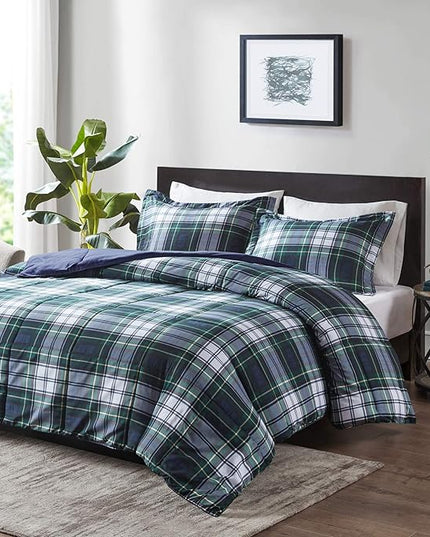 Madison Park Essentials Parkston Plaid Comforter, Matching Sham, 3M Scotchguard Stain Release Cover, Hypoallergenic All Season Bedding-Set, Twin/TwinXL, Navy, 2 Piece - LeafyLoom