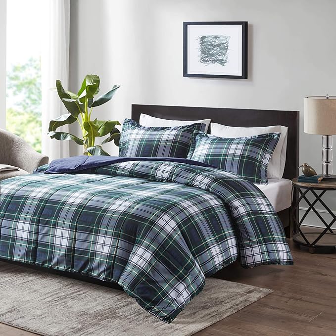 Madison Park Essentials Parkston Plaid Comforter, Matching Sham, 3M Scotchguard Stain Release Cover, Hypoallergenic All Season Bedding-Set, Twin/TwinXL, Navy, 2 Piece - LeafyLoom