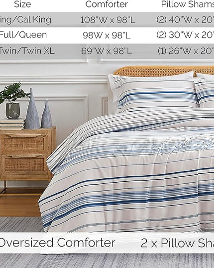 Southshore Fine Living, Inc. 3-Piece Full/Queen Comforter Set, Down Alternative All-Season Striped Comforter with 2 Shams, Soft Microfiber Bedspread, Full or Queen Bed, Coastal Stripes Blue - LeafyLoom