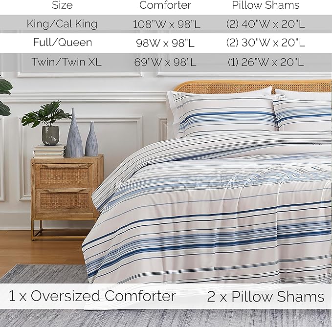 Southshore Fine Living, Inc. 3-Piece Full/Queen Comforter Set, Down Alternative All-Season Striped Comforter with 2 Shams, Soft Microfiber Bedspread, Full or Queen Bed, Coastal Stripes Blue - LeafyLoom