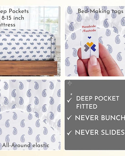 California Design Den Paisley Sheets for Twin-XL Size Bed, 100% Cotton Sheets Set Luxury 400 Thread Count Sateen, (Paisley Blue) - LeafyLoom