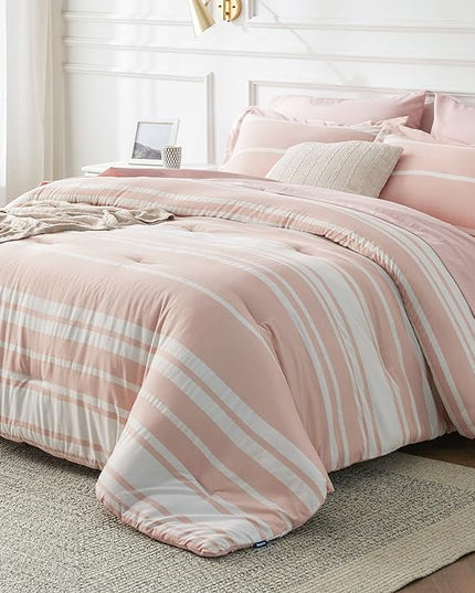 Bedsure Light Pink Comforter Set Queen 7 Pieces, Light Pink White Striped Bedding Sets All Season Bed in a Bag, 2 Pillow Shams, Flat Sheet, Fitted Sheet and 2 Pillowcases - LeafyLoom