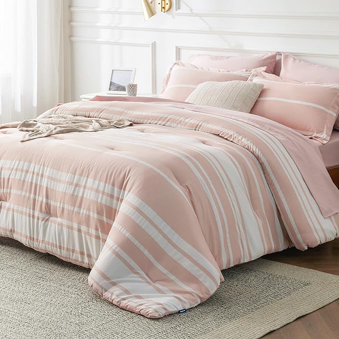 Bedsure Light Pink Comforter Set Queen 7 Pieces, Light Pink White Striped Bedding Sets All Season Bed in a Bag, 2 Pillow Shams, Flat Sheet, Fitted Sheet and 2 Pillowcases - LeafyLoom