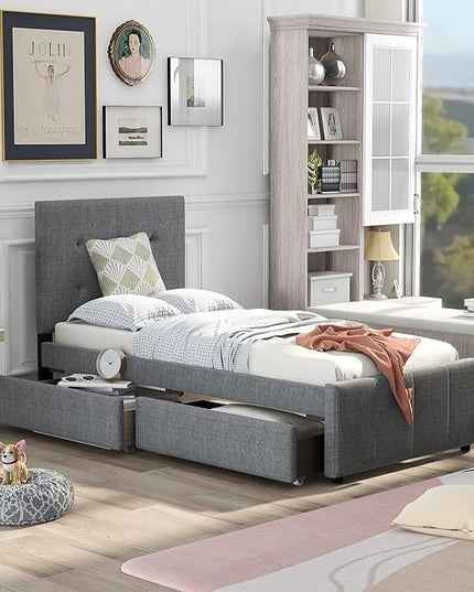 Bellemave Upholstered Twin Size Platform Bed Frame with 2 Storage Drawers and Headboard, Linen Fabric Simple Style, Solid Wooden Slats Support, No Box Spring Needed, Grey - LeafyLoom