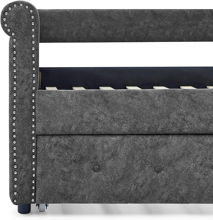 Full Size Daybed with Twin Trundle,Bedroom Upholstered Sofa Bed with Button Tufted and Copper Nail on Round Arms, No Spring Box Need,Grey (85.5"x57"x30.5") - LeafyLoom