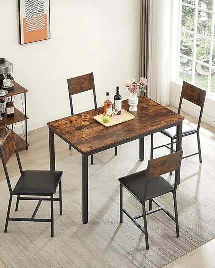 Dining Table Set for 4, Industrial Metal Wood 47.2" Kitchen Dining Table with 4 Upholstered PU Leather Chairs, Indoor Modern Furniture Set for Dining Room, Dinette, Breakfast Nook, Rustic Brown - LeafyLoom