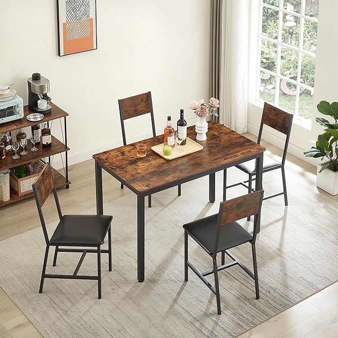 Dining Table Set for 4, Industrial Metal Wood 47.2" Kitchen Dining Table with 4 Upholstered PU Leather Chairs, Indoor Modern Furniture Set for Dining Room, Dinette, Breakfast Nook, Rustic Brown - LeafyLoom