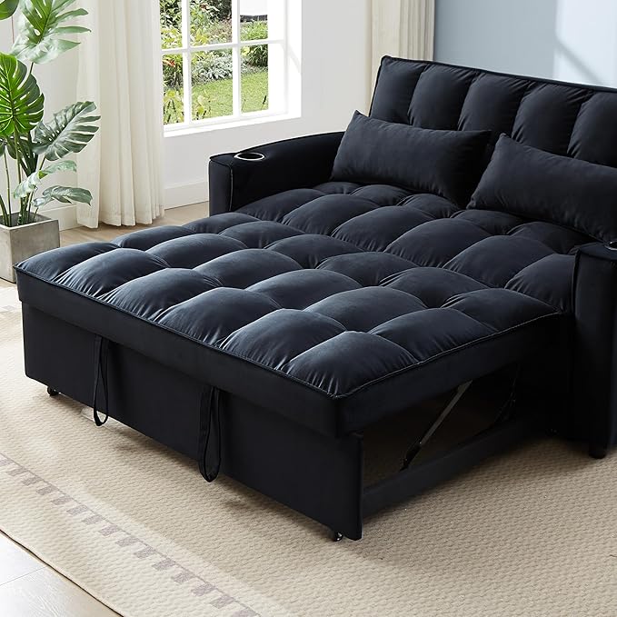 64" Oversized Loveseat Sofa Convertible Spacious Full Size Sleeper Sofabed with Pull Out Couch Bed,Cupholders,USB Charging Ports and Storage Pockets for Home Apartment Office Living Room - LeafyLoom