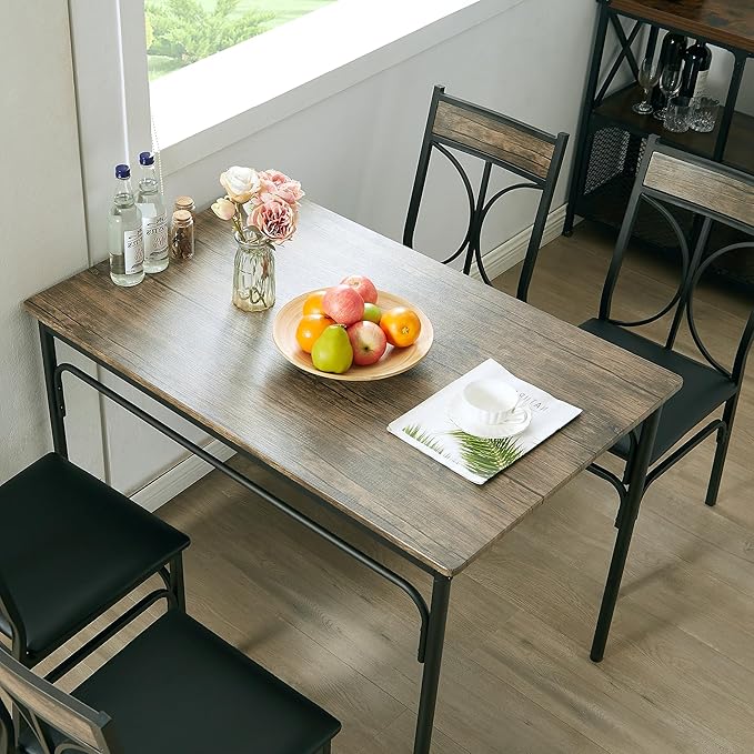 VECELO Kitchen Dining Room Table 4 Chairs for Small Space, Apartment,Metal Steel Frame, 5-Piece Set, Dark Brown - LeafyLoom