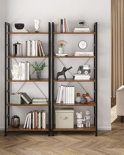 VERMESS 5 Tier Bookshelf, Tall Book Shelf, Vintage Industrial Bookcase Shelf with Open Display Shelves, Wood Storage Shelving Unit Metal Frame Standing Bookshelves for Bedroom/Home/Office, Rustic - LeafyLoom