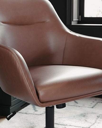 Martha Stewart Rayna Swivel Task Chair with Flared Arms for Home Office in Saddle Brown Faux Leather with Oil Rubbed Bronze Frame - LeafyLoom
