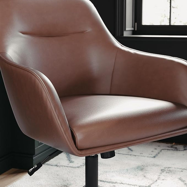 Martha Stewart Rayna Swivel Task Chair with Flared Arms for Home Office in Saddle Brown Faux Leather with Oil Rubbed Bronze Frame - LeafyLoom