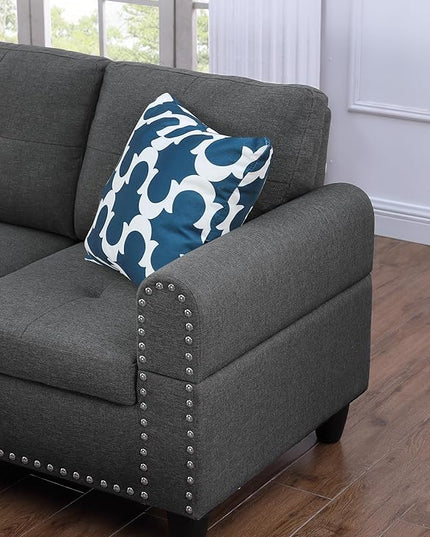 98" L-Shaped Sectional Couch with Storage Ottoman and Left Facing Chaise,Linen Upholstered Sofa with 2 Cup Holders and 2 Throw Pillows for Living Room,Dark Grey - LeafyLoom