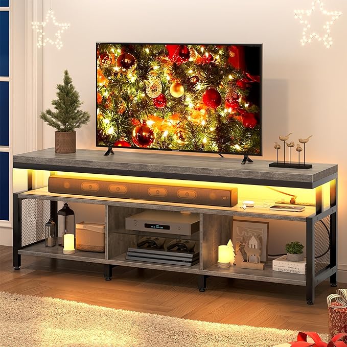 YITAHOME LED Television Stands w/Power Outlets for 70/65 inch, Modern Industrial TV Stand, Entertainment Center w/Open Storage TV Table, Entertainment Center for 360lbs for Living Room, Gray - LeafyLoom