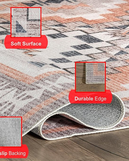 nuLOOM Leighton Machine Washable Southwestern Medallion Ultra Thin Area Rug, 5' x 8', Peach - LeafyLoom