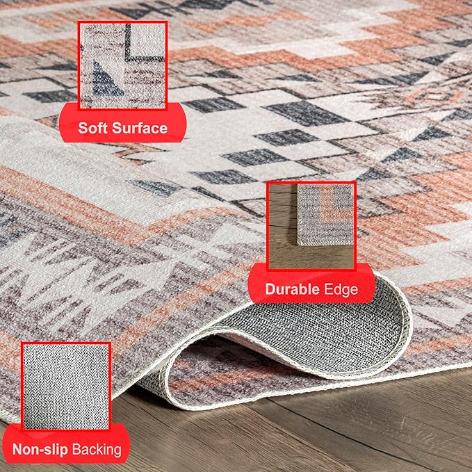 nuLOOM Leighton Machine Washable Southwestern Medallion Ultra Thin Area Rug, 5' x 8', Peach - LeafyLoom