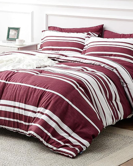 Bedsure Bed in a Bag King Size 7-Piece Burgundy White Striped Bedding Comforter Sets All Season Bed Set, 2 Pillow Shams, Flat Sheet, Fitted Sheet and 2 Pillowcases - LeafyLoom