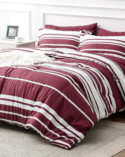 Bedsure Bed in a Bag Queen Size 7-Piece Burgundy White Striped Bedding Comforter Sets All Season Bed Set, 2 Pillow Shams, Flat Sheet, Fitted Sheet and 2 Pillowcases - LeafyLoom