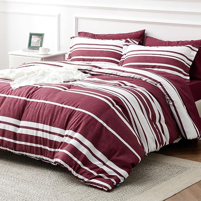 Bedsure Bed in a Bag Queen Size 7-Piece Burgundy White Striped Bedding Comforter Sets All Season Bed Set, 2 Pillow Shams, Flat Sheet, Fitted Sheet and 2 Pillowcases - LeafyLoom