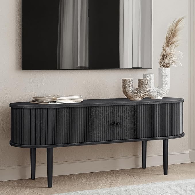 55’’ Black TV Stand with Storage and Shelves designed to fit 32’’ - 60’’ TVs. Black Wood Entertainment Center for Living Room and Bedroom, Media Console and Modern TV Console Table (Black Oak) - LeafyLoom