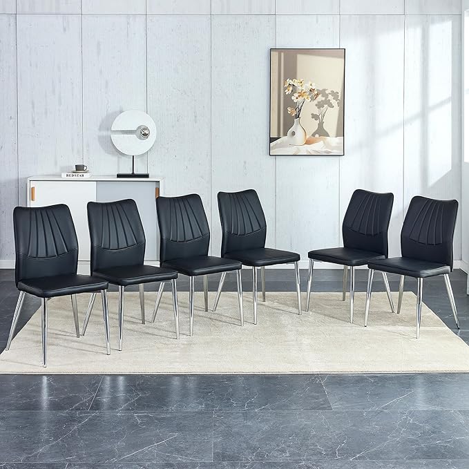 NicBex Dining Chairs Set of 6 Modern Faux Leather High Back Dining Chair Dining Room Kitchen Chairs with Silver Metal Legs,Chairs for Dining Room, Kitchen,Living Room, and Restaurants,Black - LeafyLoom