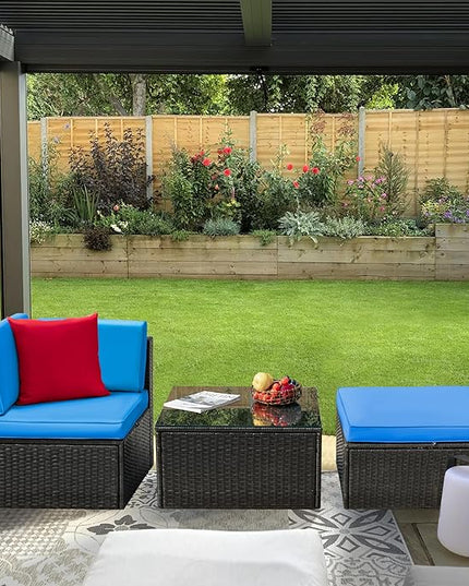 Greesum 3 Piece Patio Conversation Set Wicker Rattan Furniture Outdoor Sofa with Cushions,Pillows and Glass Table for Porch,Lawn and Yard, Blue - LeafyLoom