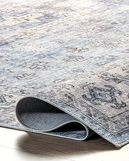nuLOOM Eva Machine Washable Vintage Faded Medallion Ultra Thin Area Rug, 5' x 8', Blue - LeafyLoom