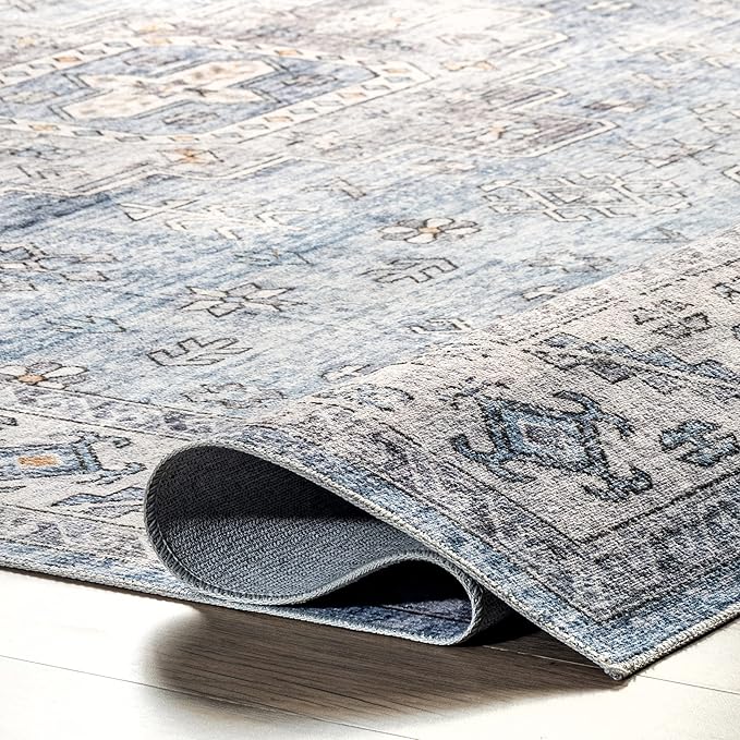 nuLOOM Eva Machine Washable Vintage Faded Medallion Ultra Thin Area Rug, 5' x 8', Blue - LeafyLoom