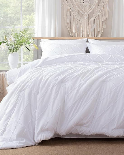 White Comforter Set with Jacquard Tufted Design, Farmhouse Bedding Sets for All Seasons, Soft 7 Pieces King Bed in a Bag with Comforter, Flat Sheet, Fitted Sheet, Pillowcases & Shams - LeafyLoom