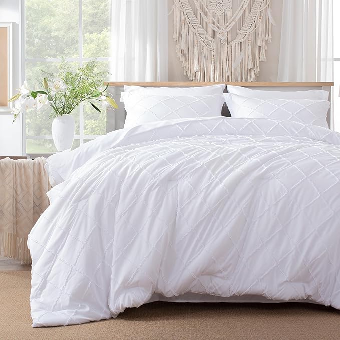 White Comforter Set with Jacquard Tufted Design, Farmhouse Bedding Sets for All Seasons, Soft 7 Pieces King Bed in a Bag with Comforter, Flat Sheet, Fitted Sheet, Pillowcases & Shams - LeafyLoom