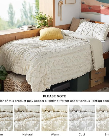 Bedsure Twin/Twin XL Comforter Set Dorm Bedding - Beige Boho Bedding Comforter Set, 2 Pieces Farmhouse Shabby Chic Embroidery Bed Set, Soft Jacquard Tufted Comforter for College - LeafyLoom